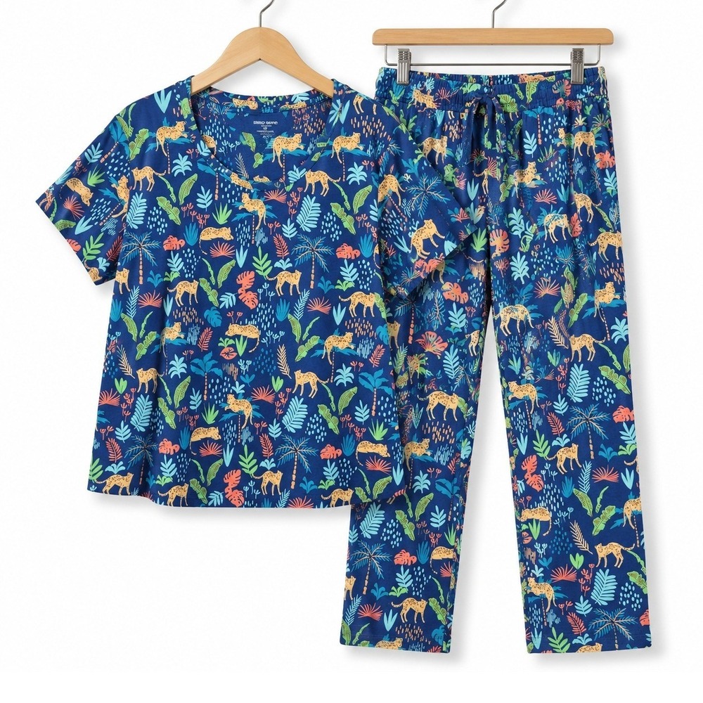Sleep Sense Pajama Set Womens 3X Safari Blue Leopard Jungle Tropical Sleepwear